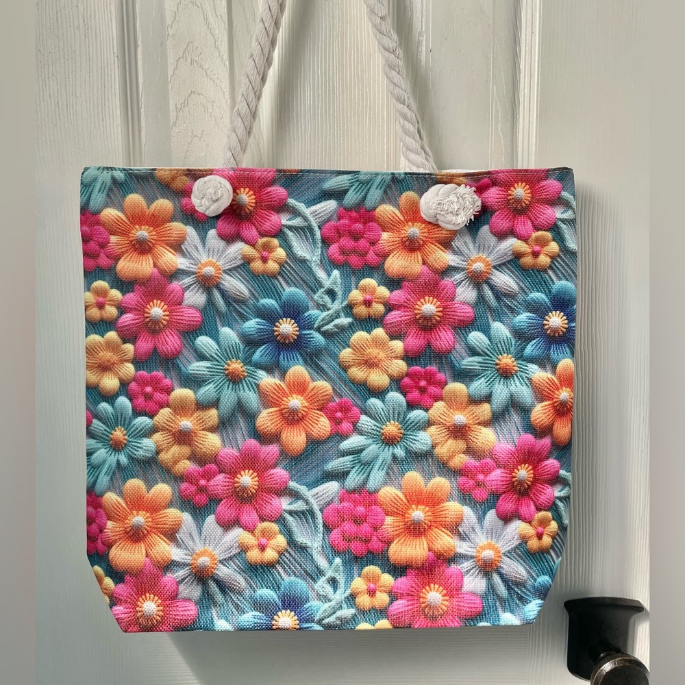 NEW Floral Multicolor Tote Bag with Rope Handles - Picture 2 of 7